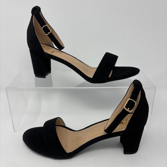 Fran Willor Black Suede Ankle Strap Block Heels Dress Shoes Size 7.5 - Picture 3 of 9